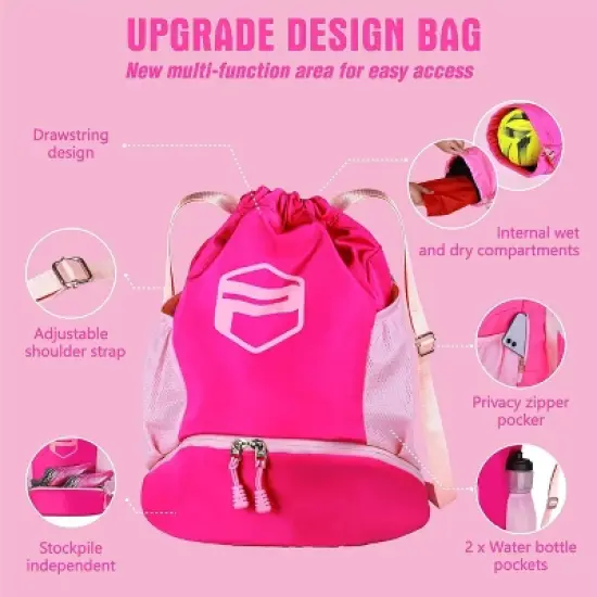 Soccer Ball Bags, Drawstring Basketball Backpack for Sport Training with Ball Shoe Dry and Wet Compartments(Pink) image {2}