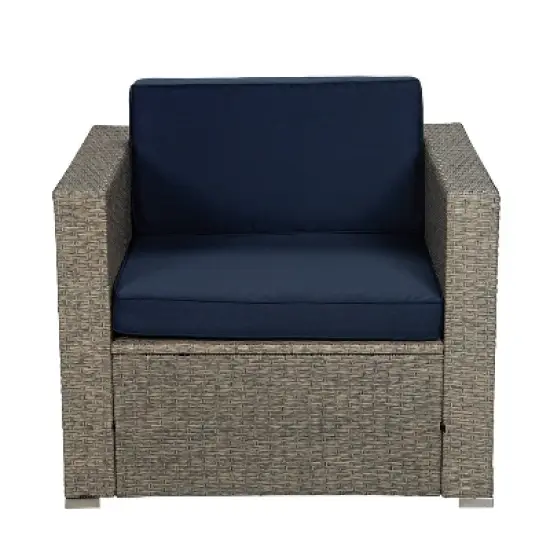 6pc Outdoor Rattan Wicker Set with Sectional, Chairs, Accent Table & Ottoman - Gray/Navy - GODEER image {8}