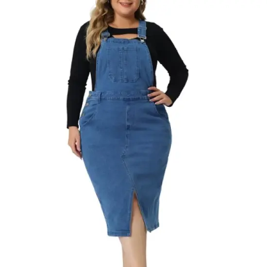 Agnes Orinda Women's Plus Size Overall Classic Adjustable Straps Above Knee Slit Hem Denim Dresses image {1}