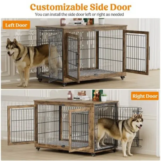 Gikpal Wooden Dog Crate Furniture, Stylish Dogs Kennel for Small to Extra Large, Double Door & A Cushion & 360&deg;Wheel, Metal, Chew-Proof, Dog Cage image {3}
