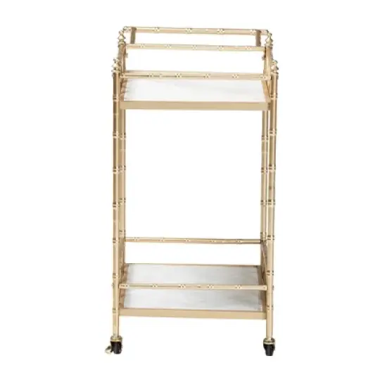 Mela Metal and Marble 2 Tier Wine Cart Gold/White Marble - Baxton Studio image {3}