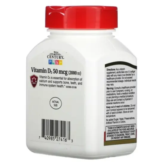 21st Century Vitamin D3, 50 mcg (2,000 IU), 250 Softgels image {2}