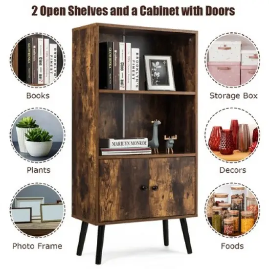 Costway 2-Tier Retro Bookcase Bookshelf w/3 Compartment&2 Doors Industrial Cabinet image {6}