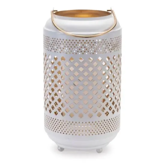 HomeRoots 14" White And Gold Pierced Lattice Metal Lantern Candle Holder image {5}