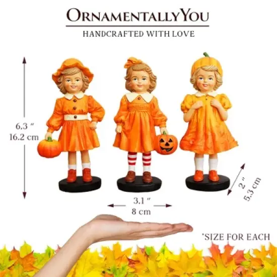 Inviting Pumpkin Girl Trio Set of Figurines, 6" Victorian Autumn Fall and Halloween Table Decoration| OrnamentallyYou image {3}