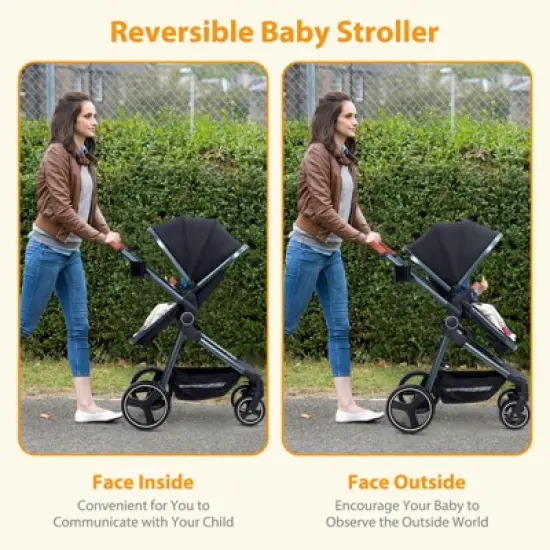 CuisinSmart 2 In 1 Baby Stroller, with Adjustable Canopy and Backrest, Foldable High Landscape Infant Pram with Reversible Seat image {6}