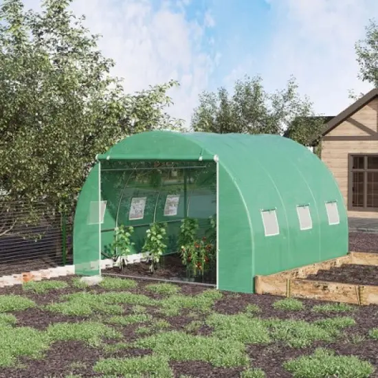 Outsunny Walk-in Tunnel Greenhouse with High-Quality Transparent PE Cover, Zipper Doors, & Windows Green image {1}