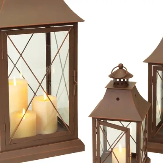 HomeRoots Set of Three Brown Lattice Glass And Metal Floor Lantern Candle Holders image {2}