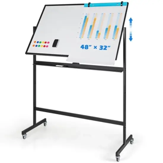 Costway 32 x 48'' Portable Rolling White Board Reversible Dry Erase Board withBlack Markers image {9}