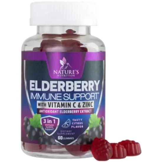Immune Support Gummies, Sambucus Elderberry Gummy Elder Berry Extract, Zinc & Vitamin C, Vegan Immune Support - 60 Gummies By Nature's Nutrition image {9}