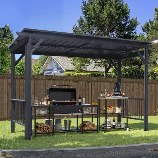 6*12 FT Hardtop Grill Gazebo,Outdoor Metal BBQ Gazebo with 2 Side Shelves and Sloping Steel Roof,Metal Grill Canopy with Ceiling Hook-Coolbibila image {8}