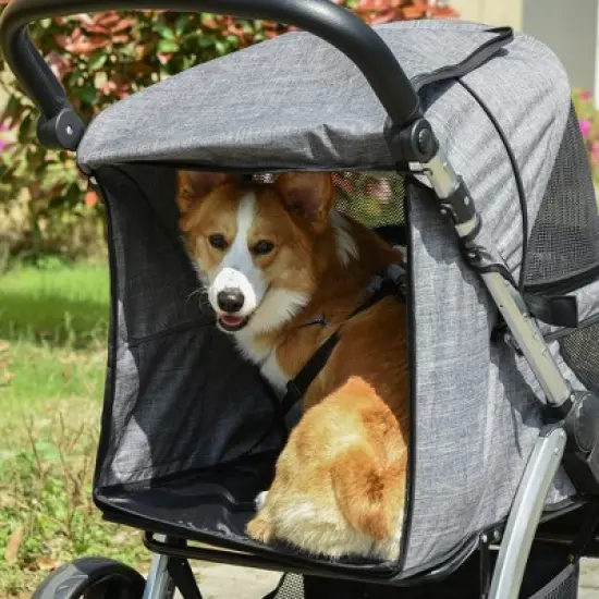 PawHut Pet Stroller Foldable Dog Cat Travel Carriage with Adjustable Handlebar PVC Wheel Brake Storage Bag Mesh Window Safety Leash Aluminum gray image {6}