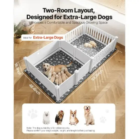 VEVOR Dogs Whelping Box, 93.3x48.4x18.1 inch, Plastic PVC Puppies Playpen with Height Adjustable Door and Washable Pee Pad, Milk White image {2}