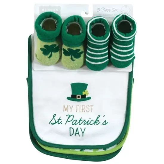 Hudson Baby Infant Boy Cotton Bib and Sock Set, Lucky Charm, 0-9 Months image {1}