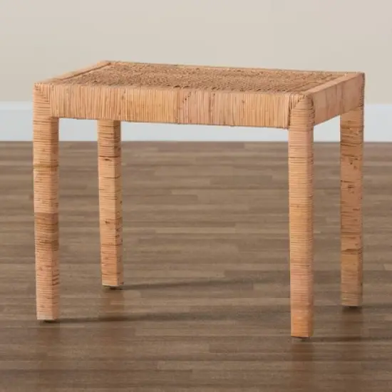 Abelia Natural Rattan and Mahogany Wood Short Accent Bench Natural Brown - Baxton Studio image {6}