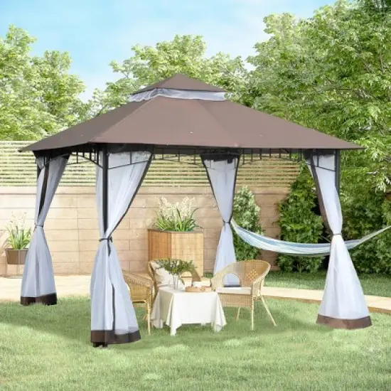 Outsunny 116.25" x 116.25" Outdoor Patio Gazebo Canopy Tent with Mesh Sidewalls, 2-Tier Canopy for Backyard, Coffee image {2}