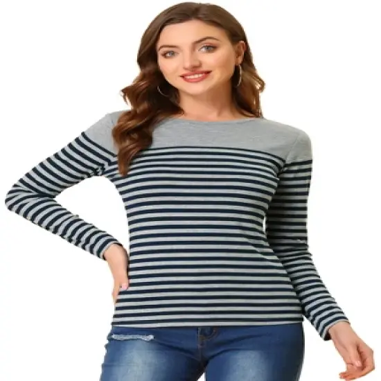 Allegra K Women's Color Block Long Sleeve Striped T-Shirt image {14}