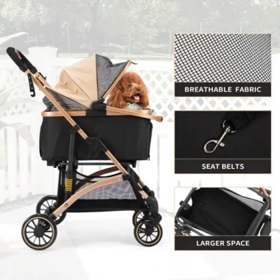 Sandinrayli 3-in-1 Foldable Pet Stroller for Dogs and Cats with Detachable Carrier, 6 Shock Absorbers, Rose Gold image {3}