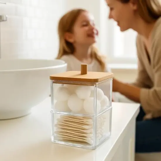 Acrylic Q tip Dispenser with Bamboo Lid, 2 Tier Stackable Square Cotton Swab & and Ball Organizer for Bathroom or Vanity, Compact Apothecary Jar image {1}