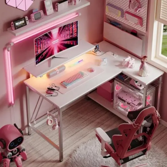 Bestier 42" Reversible L-Shaped Gaming Desk with Power Outlets LED Lights and Monitor Stand &Storage Shelves & Hooks for Bedrooms & Home Offices image {18}