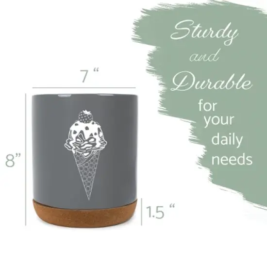 Elanze Designs 8 inch Ice Cream Waffle Cone Large Ceramic Kitchen Utensil Holder Gray and White Crock with Cork Base image {1}