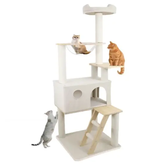 SEVOBAL Pet Tower Wooden Cat Tree with Spacious Condo, Transparent Spacecraft, Multi-Level Playground for Large Cats, White, 20.67"*12.4"*20.87" image {5}