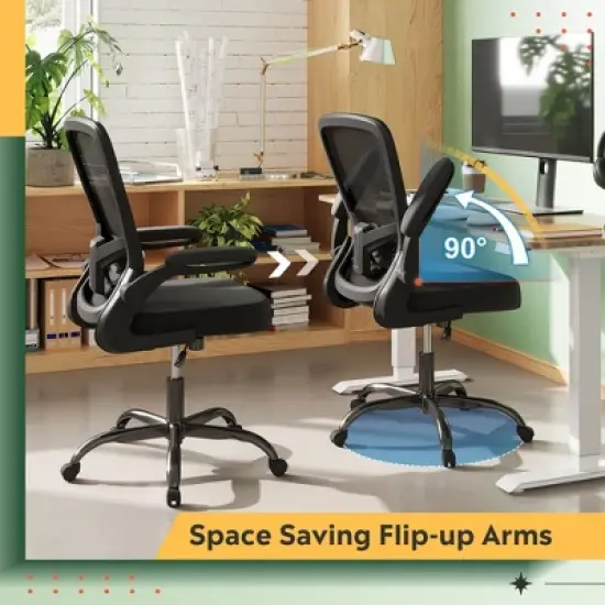 Mesh Office Chair for Home & Gaming with Flip-Up Arms, Adjustable Lumbar Support and Tall Back - Height-Adjustable, Black image {3}