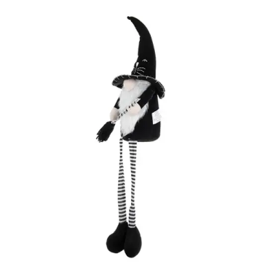 Whisen Fabric Sitting Gnome, Broomstick & Long Legs, Halloween Decoration - Black & White image {4}