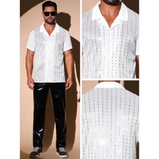 INSPIRE CHIC Men's Camp Collar Patchwork Short Sleeved Club Sequin Sheer Shirts image {4}