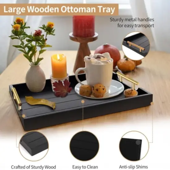 Attop Coffee Table Tray Set - Large Ottoman Tray with Handles Wood Serving Tray (2 Sets) with 4 Round Coasters Black image {1}