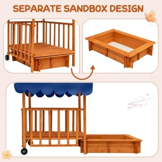 Costway Wooden Retractable Sandbox  with Cover & Built-in Wheels Kids Outdoor Playhouse image {6}