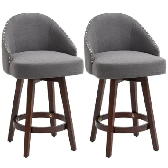 HOMCOM Bar Stools Set of 2, Linen Fabric Kitchen Counter Stools with Nailhead Trim, Rubber Wood Legs and Footrest for Dining Room, Counter, Pub image {6}