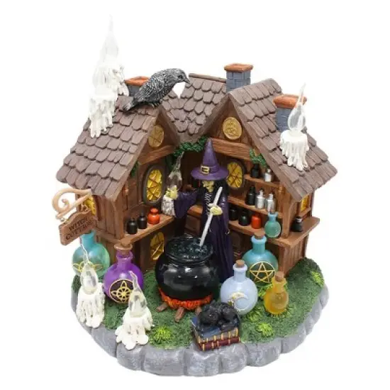 Enchanted Witch Cottage Lighted Figurine, 10" LED Halloween Decor Statue with Cauldrons and Ravens| OrnamentallyYou image {7}