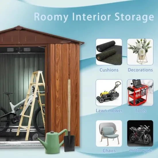 Outdoor Metal Storage Shed With Metal Floor Base Lockable Sliding Doors Large Garden Utility Tool Shed,Sharp tip,brown,6ft x 6ft image {1}