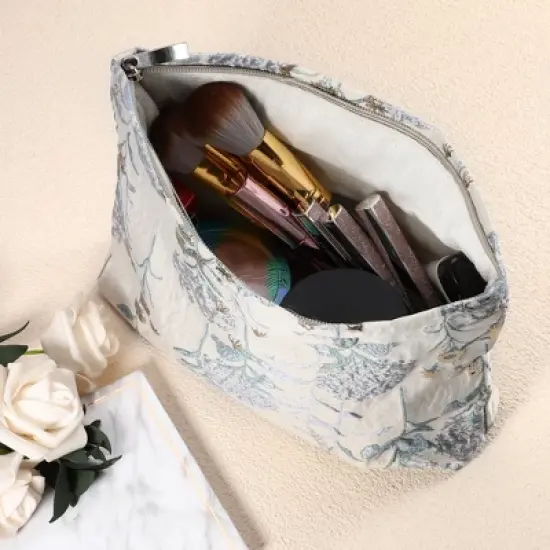 Unique Bargains Travel Canvas Floral Zipper-Closure Makeup Bag Light Blue 1 Pc image {2}