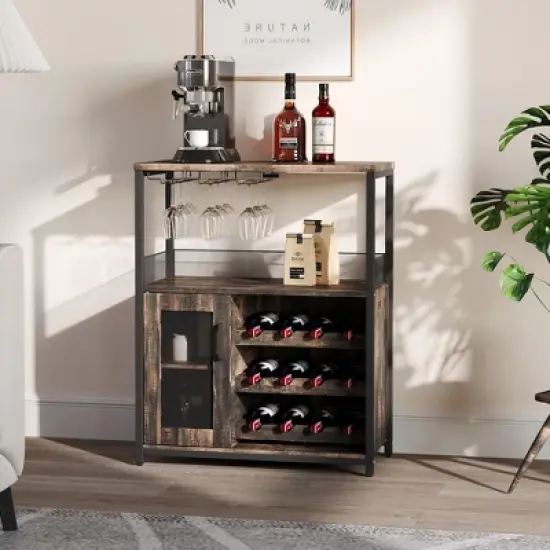 3-Tier Industrial Wine Bar Cabinet with Detachable Wine Rack, Drawer, Glass Holder & Mesh Doors Durable Sideboard and Buffet Storage, Brown image {13}