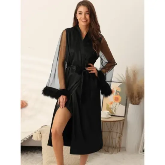 cheibear Women's Satin Robe Feather Trim Bridesmaid Bathrobe Mesh Long Sleeve Bridal Party Sleepwear image {1}