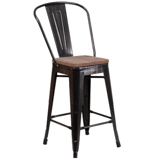 Merrick Lane Metal Dining Stool with Curved Slatted Back and Textured Wood Seat image {15}