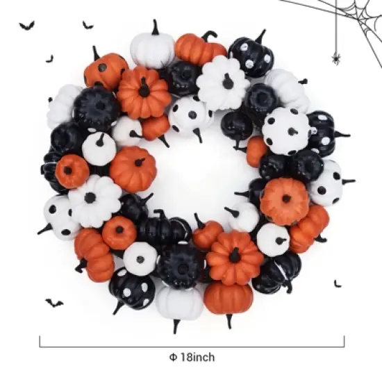 18 Inch Halloween Fall Wreath for Front Door, Black Orange White Artificial Pumpkin Wreath for Fall and Halloween Indoor Outdoor Home Party Decor image {2}