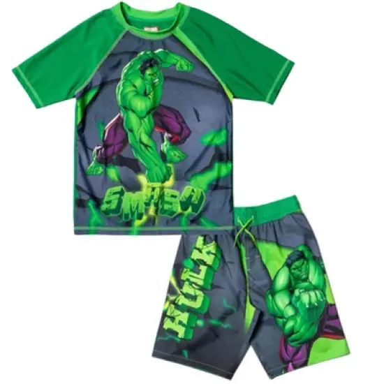 Marvel Avengers Hulk Spider-Man Boys Rash Guard and Swim Trunks Outfit Set Little Kid to Big Kid image {8}