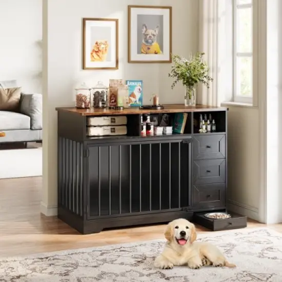 48'' High Quality Wood Dog Crate Furniture with Bowl & Storage Drawers  for Small Medium, Black image {5}