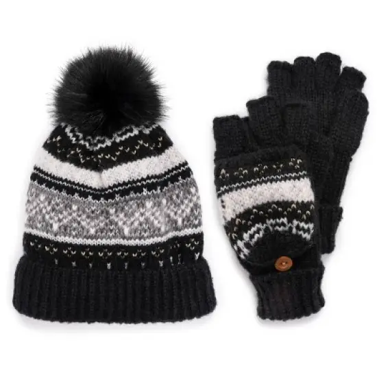 MUK LUKS Women's Mixed Yarn Beanie and Mitten Set-Mix Ebony OS image {2}