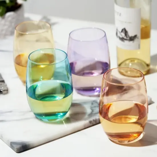 True Vino Decorative Drinking Glasses Wine Tumblers, Wine Glasses Colorful, Stemless Wine Glasses Set of 4 18.5oz Multicolor image {3}