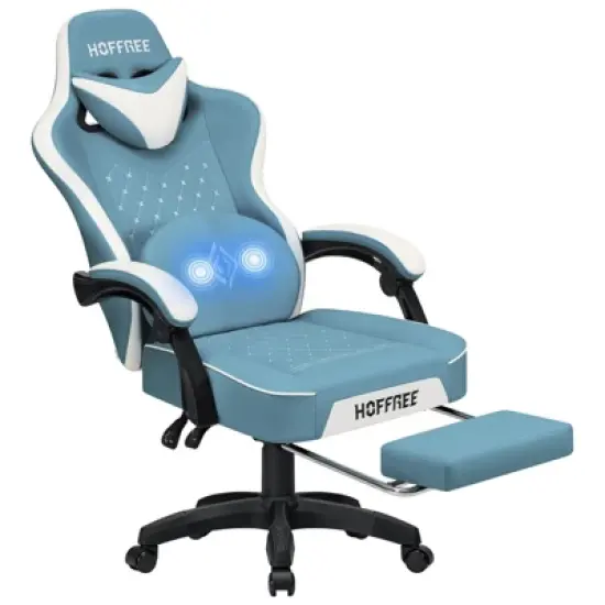 Hoffree Leather Massage Gaming Chair Ergonomic Office PC Chair with Footrest & Adjustable image {12}