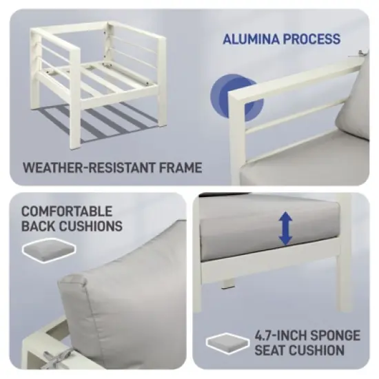 Karl Home White 4-Piece Aluminum Patio Conversation Set with Light Gray Cushions image {6}