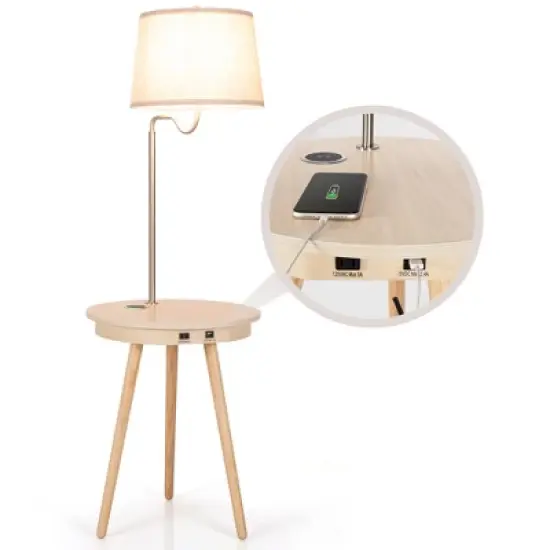 Costway End Table Lamp Bedside Nightstand Lighting with Wireless Charger Natural\Coffee image {11}