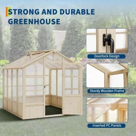 Wooden Greenhouse,Greenhouses for Outdoors with Lockable Door, Wood Frame & Adjustable Vent,Heavy Duty Greenhouse with Polycarbonate Panel,8x8ft image {3}