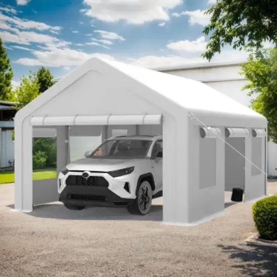 10x20 FT Heavy Duty Carport Canopy, Portable Garage Shelter with 4 Roll-Up Doors & 2 Side Doors, Waterproof Vehicle Cover for Pickup/Truck image {7}