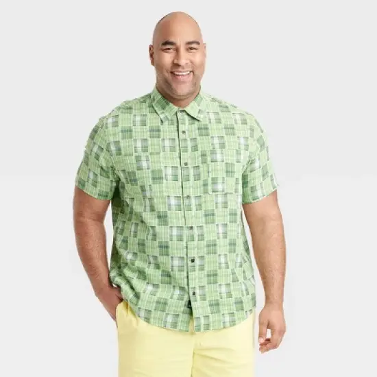 Houston White Adult Short Sleeve Madras Plaid Woven Button-Down Shirt - Green image {3}