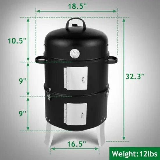 KTMBDW Vertical Steel Charcoal Smoker, Heavy Duty Double Layer Round BBQ Grill for Outdoor Cooking, Black image {10}